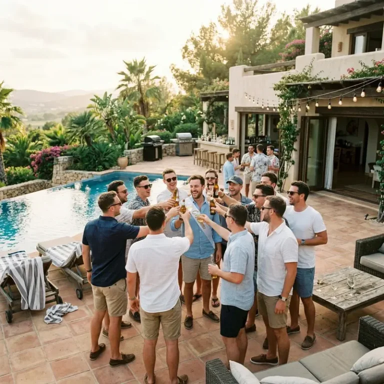 Group of friends celebrating a bachelor party outdoors at a private villa with gardens and pool