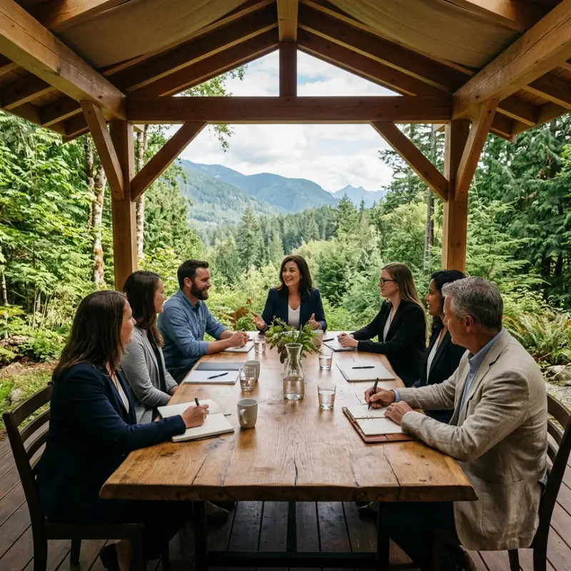Business professionals holding a corporate meeting surrounded by nature