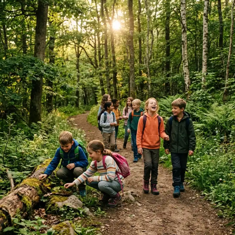 A group of happy children exploring a forest trail during a school camping trip in the great outdoors