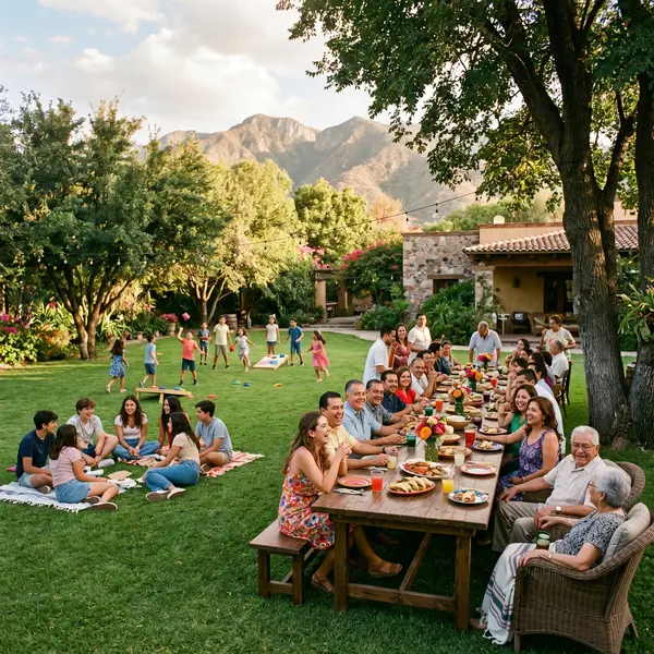 Familia reunida al aire libre en un venue privado con áreas para niños, jóvenes y adultos mayores, cerca de la Ciudad de México