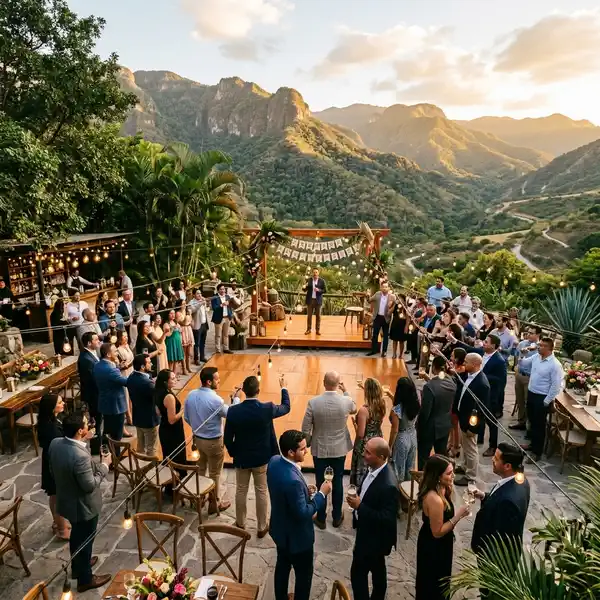 Grupo de colaboradores celebrando aniversario corporativo al aire libre en un entorno verde y natural