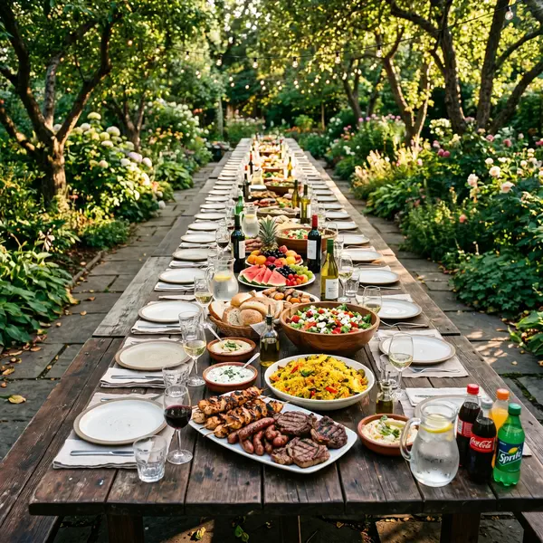Mesa con platillos, bebidas y fruta preparada para una reunión familiar grande en un espacio al aire libre