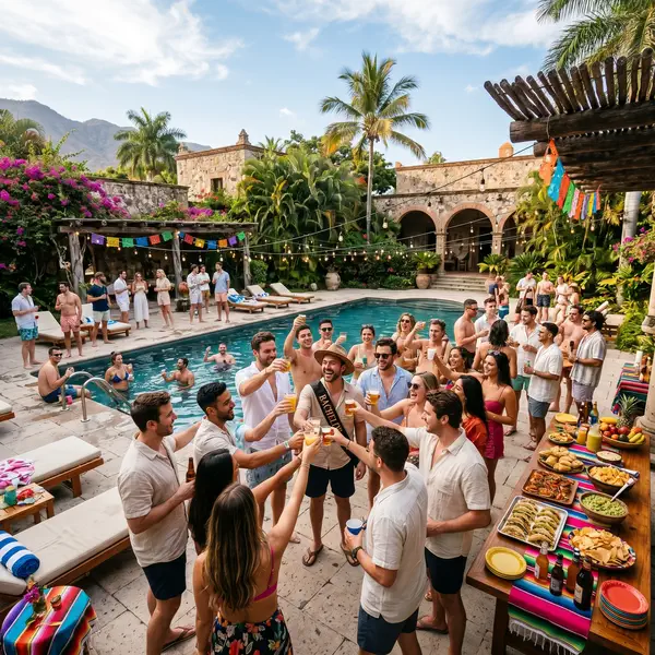 Large group of friends celebrating a bachelor party at a private estate with a pool