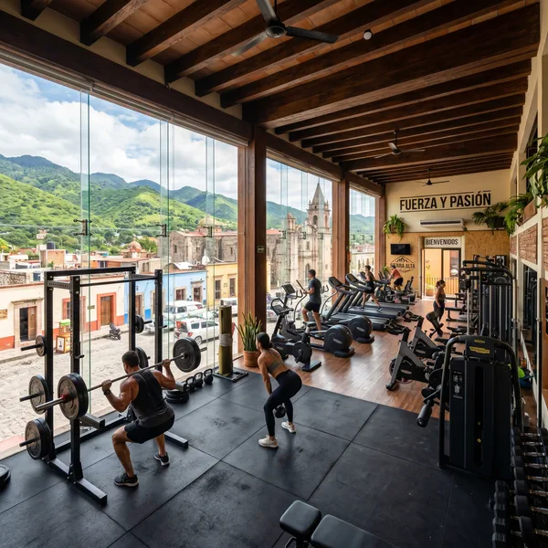 Interior de gimnasio moderno en Malinalco con maquinaria de entrenamiento y luz natural