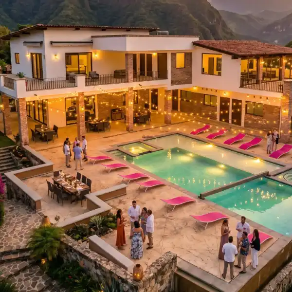 A group of friends celebrating a bachelor party at a private property with a pool in Malinalco, near Mexico City