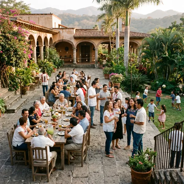 Multigenerational family gathering outdoors at a private hacienda near Mexico City
