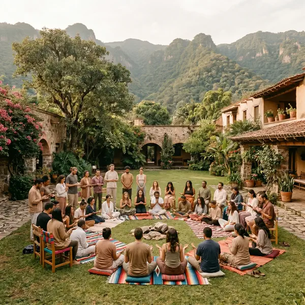 Large Christian retreat group gathered outdoors at a private venue in Malinalco surrounded by mountains and green landscape