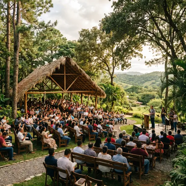 Group of 200+ people gathered in an open-air chapel during a Christian retreat in Malinalco, Mexico