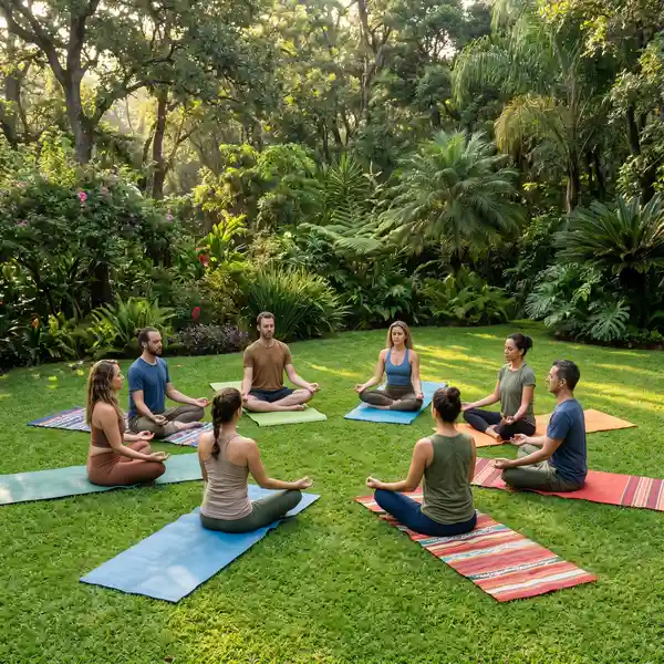 Grupo practicando yoga al aire libre en un espacio privado rodeado de árboles y naturaleza en Malinalco, México