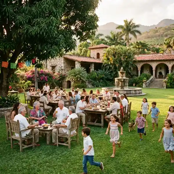 Familia numerosa conviviendo en jardín privado durante reunión familiar grande 