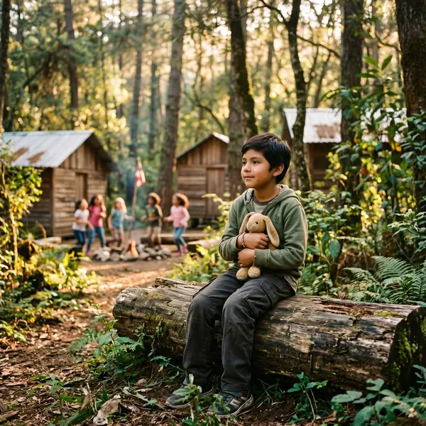 Un niño tranquilo sentado solo sobre un tronco de madera en un campamento forestal, observando con calma la naturaleza, mientras otros niños juegan en un segundo plano difuminado