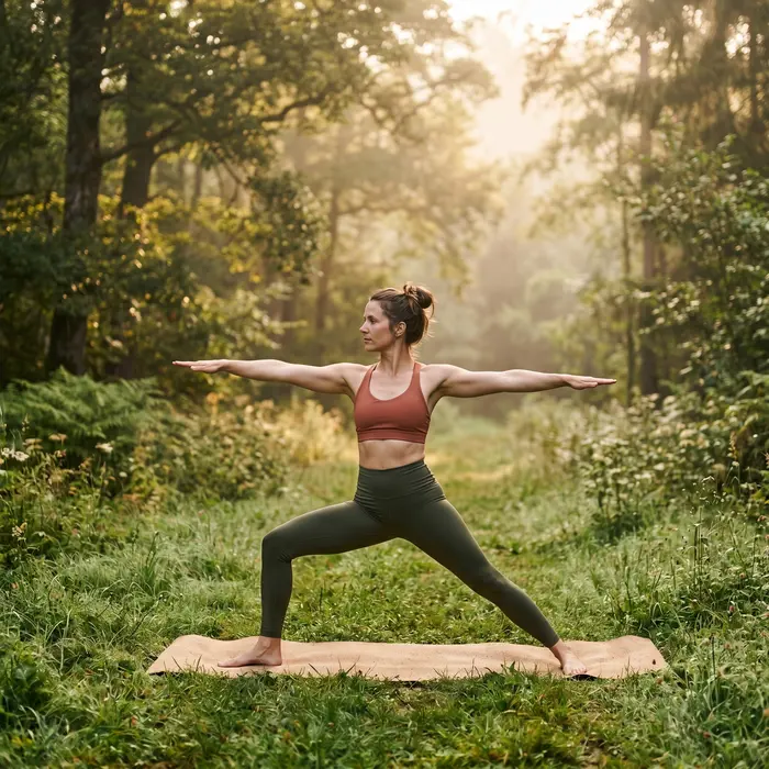 Woman practicing yoga outdoors surrounded by nature at a spiritual retreat