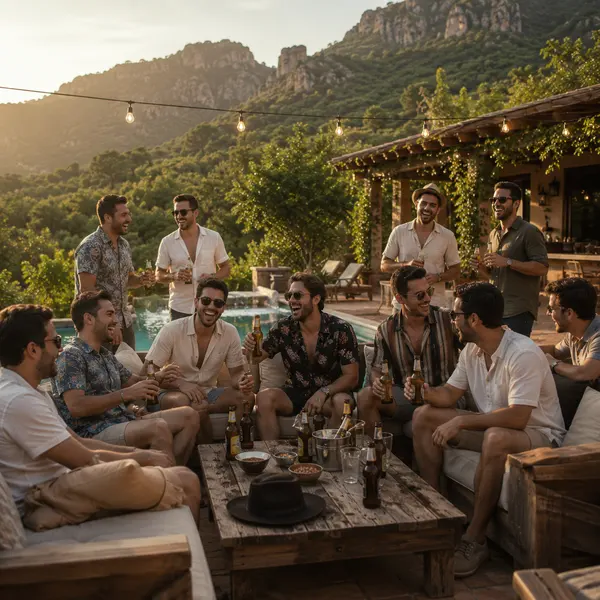 Grupo disfrutando una despedida de soltero con hospedaje al aire libre