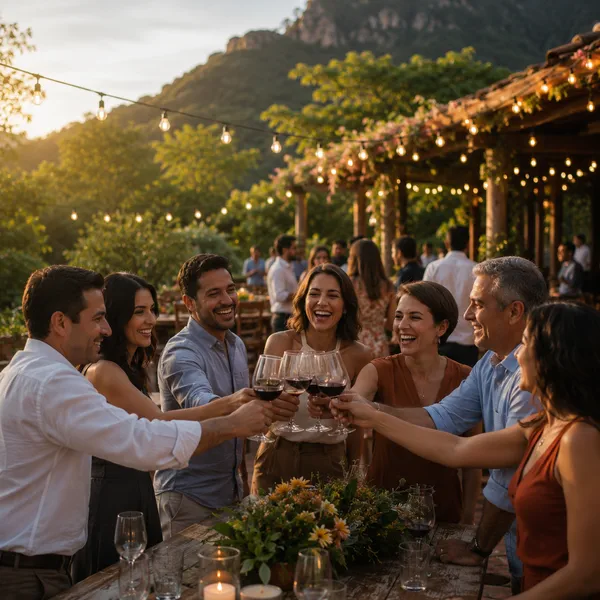 Corporate team celebrating a year-end event outdoors at Camper Club Malinalco