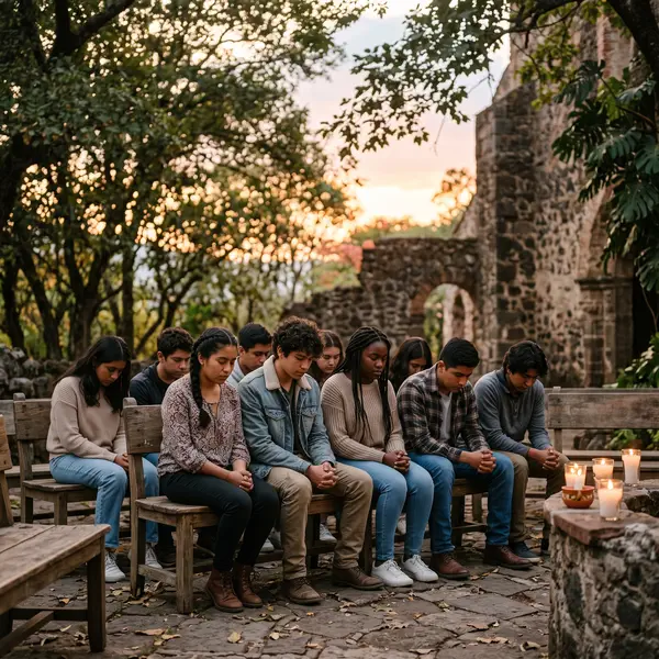 Jóvenes en oración durante un retiro espiritual al aire libre en Malinalco