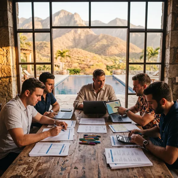 Cinco hombres trabajan en una mesa con laptops, documentos y una calculadora durante una reunión de planeación, con una piscina y montañas al fondo.