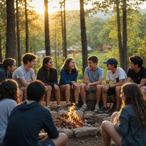 Group of middle school students bonding outdoors at their graduation camp at Camper Club Malinalco