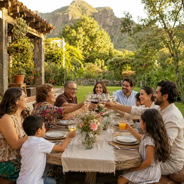 Familia grande reunida al aire libre durante un viaje anual en Camper Club Malinalco