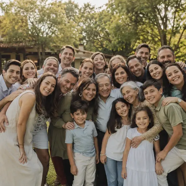 Familia grande abrazada al final de un viaje familiar en Malinalco