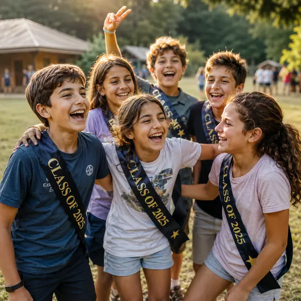 Niños celebrando su graduación de primaria al aire libre en un campamento