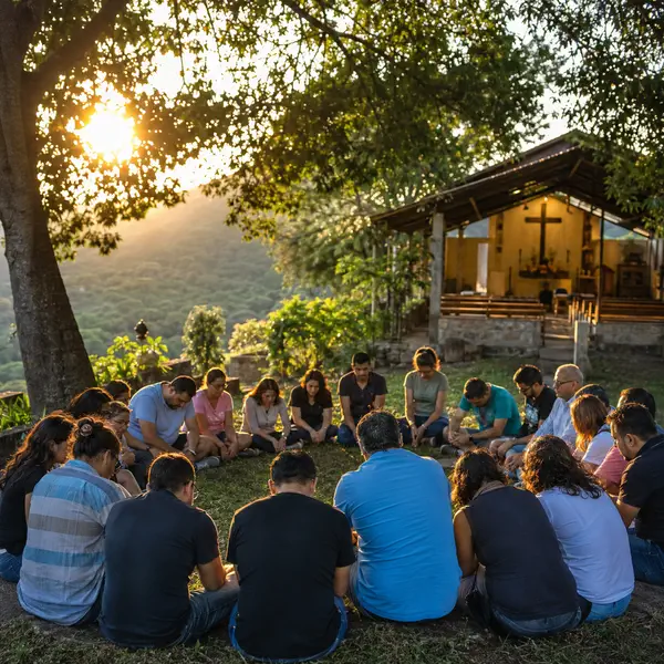 Group praying together during an outdoor Christian retreat in Malinalco