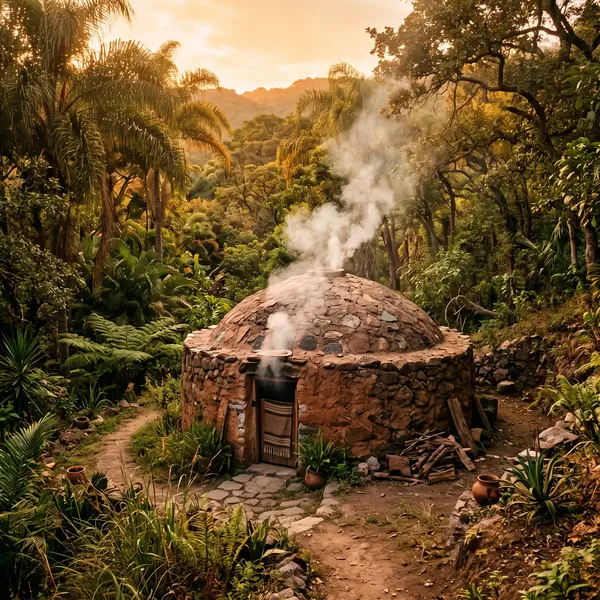 Temazcal tradicional al aire libre en un retiro espiritual rodeado de naturaleza