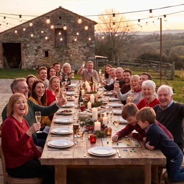 Big family enjoying games and icebreakers during a New Year's Eve dinner