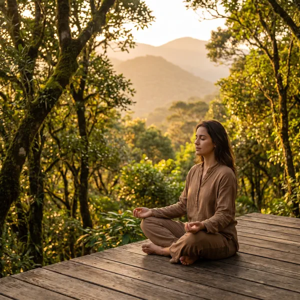Person meditating in a natural outdoor setting during a spiritual retreat in Malinalco