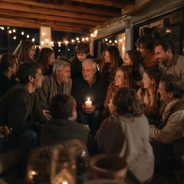 Large family sitting together sharing a heartfelt New Year's tradition