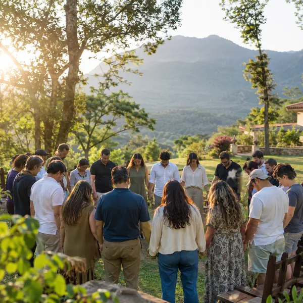 Grupo de iglesia en oración durante un retiro cristiano en Camper Club Malinalco