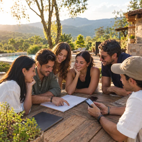 Group of friends checking a calendar to plan the date of a bachelor party in an outdoor setting