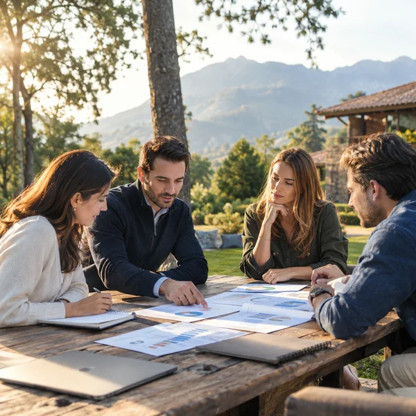 Leadership team reviewing event results charts in a meeting surrounded by nature