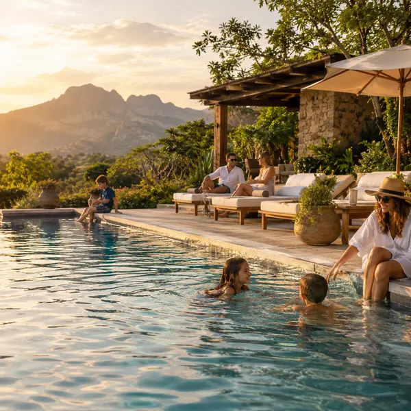 Familia disfrutando de una alberca privada en una casa de renta vacacional en México