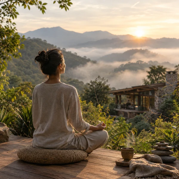 Person meditating quietly outdoors surrounded by mountains during a spiritual retreat for beginners in Mexico
